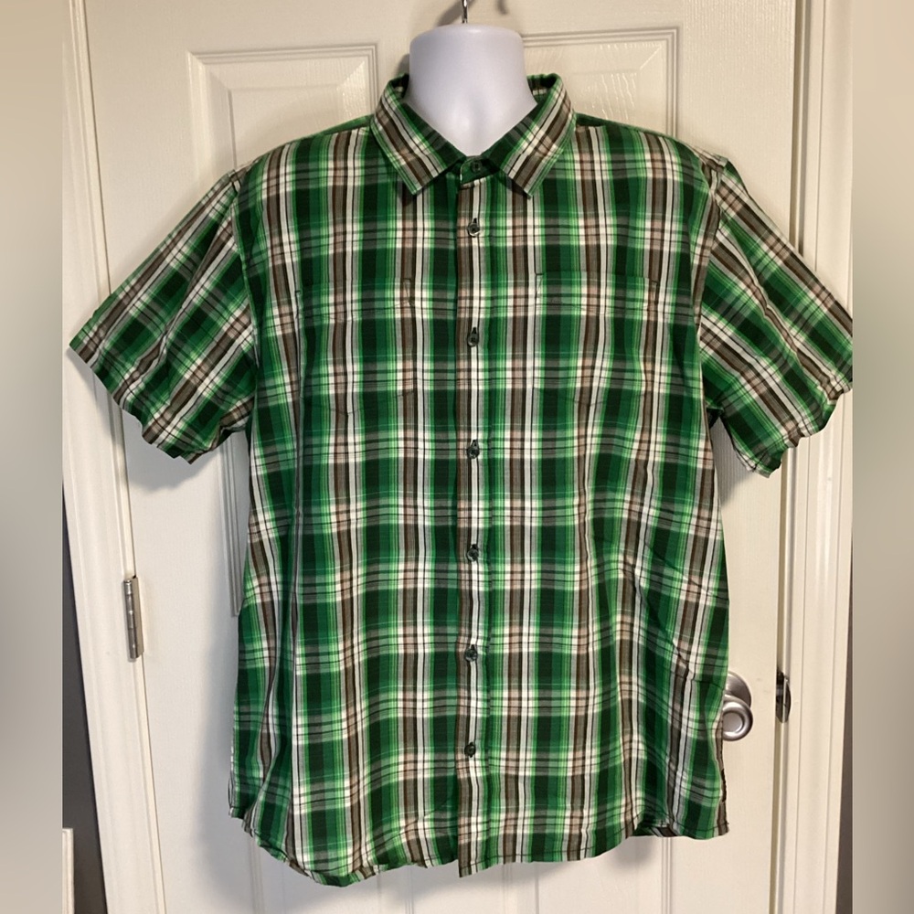 Green and khaki plaid PrAna cotton button-up shirt - size xl